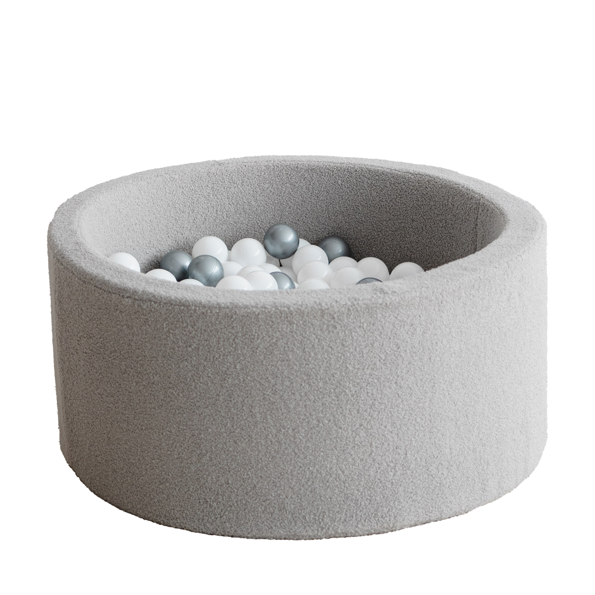 Rond ballenbad bouclé stof in zachte grijstint gevuld met witte en grijze ballen, kindvriendelijk en veilig voor in de. - 90x30 - 90x30, 90x40, afneembaar, Ballenbad, boucle, Grey, Grijs, Polyester, wasbaar - Ballenbad Bouclé Grey - Casa Mini