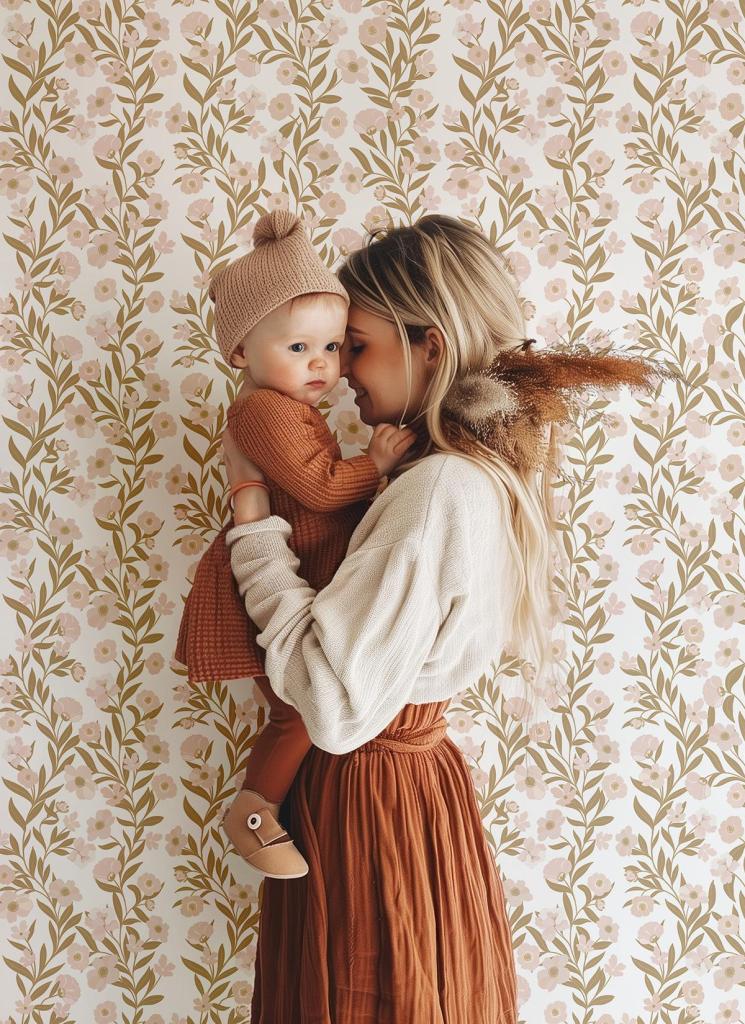 Organisch behang met zachte rozen- en bladmotieven in beige en groen, ideaal voor veilige en kindvriendelijke. - Default Title - Éléonore Garlands | Lilipinso - behang, bloemen, bloemen en bladeren, kinderkamer, kinderkamer behang, lilipinso, rozen, Éléonore - Casa Mini