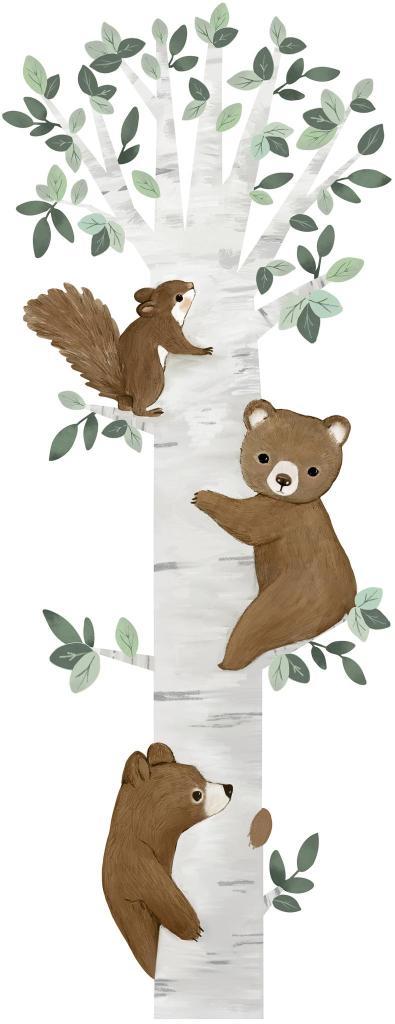 Organische muurstickers met bruine beren in een lichte boom op wit met groene bladeren, veilig en kindvriendelijk voor. - Default Title - Muursticker | Kharu Bear XL - Bear, beer, Kharu, kinderkamer, lilipinso, Muursticker - Casa Mini