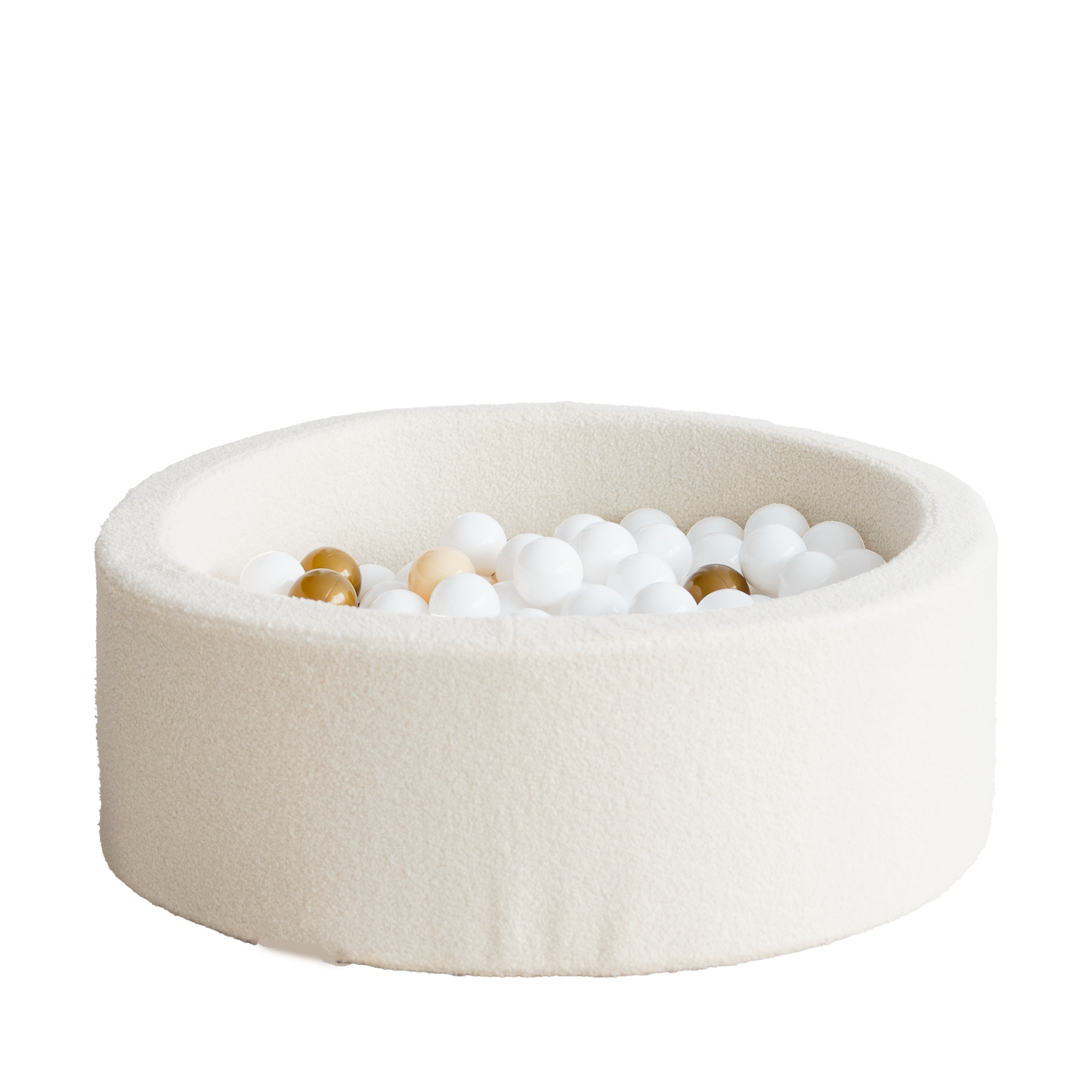 Crèmekleurig ballenbad van zachte bouclé stof met witte en beige ballen, kindvriendelijk en veilig, ideaal voor de. - 90x30 - 90x30, 90x40, afneembaar, Ballenbad, boucle, Creme, Polyester, wasbaar - Ballenbad Bouclé Creme - Casa Mini