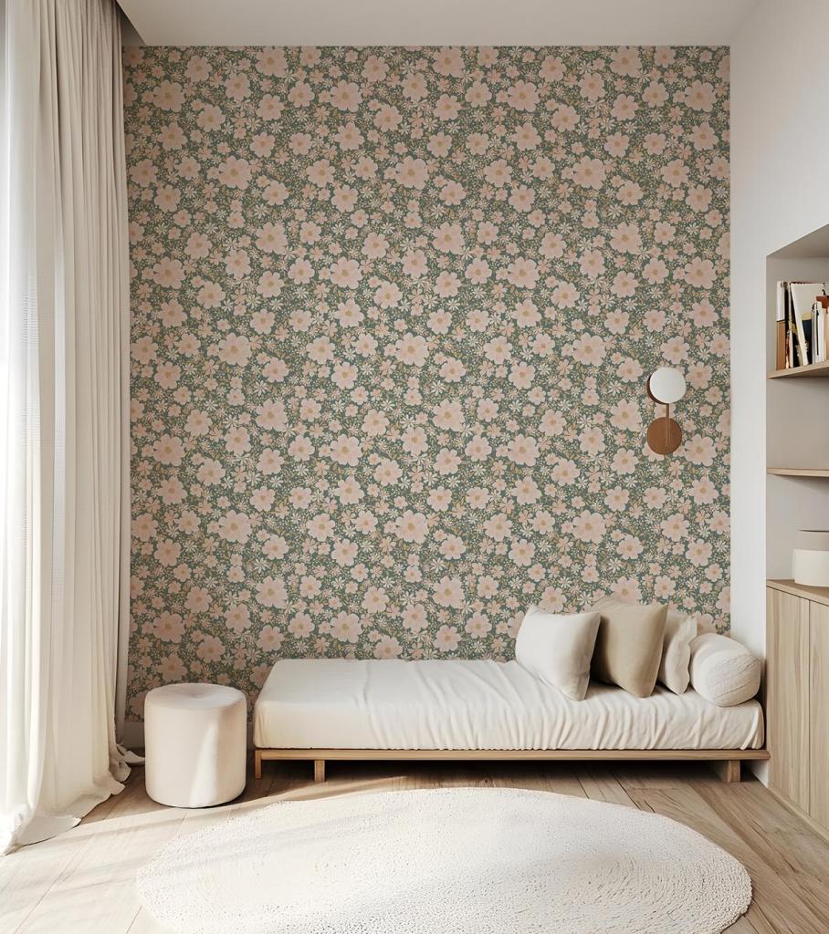 Organisch bloemenvliesbehang in donker groen en crèmekleur, veilig en kindvriendelijk voor een warme kinderkamer met zachte. - Default Title - Éléonore Flowers donker groen | Lilipinso - behang, bloemen, bloemen en bladeren, kinderkamer, kinderkamer behang, klaprozen, lilipinso, vliesbehang, Éléonore - Casa Mini