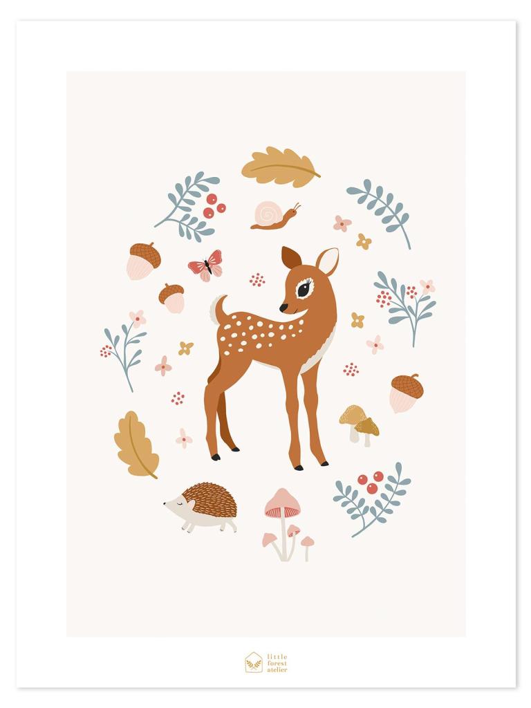 Organische kinderkamerposter met een vriendelijk hert, herfstbladeren, bloemen en lieveheersbeestje in zachte aardetinten,. - Poster Bambi | Lilipinso - Default Title - bambi, bloemen en bladeren, hert, Jöro, kinderkamer, lieveheersbeestje, lilipinso - Casa Mini