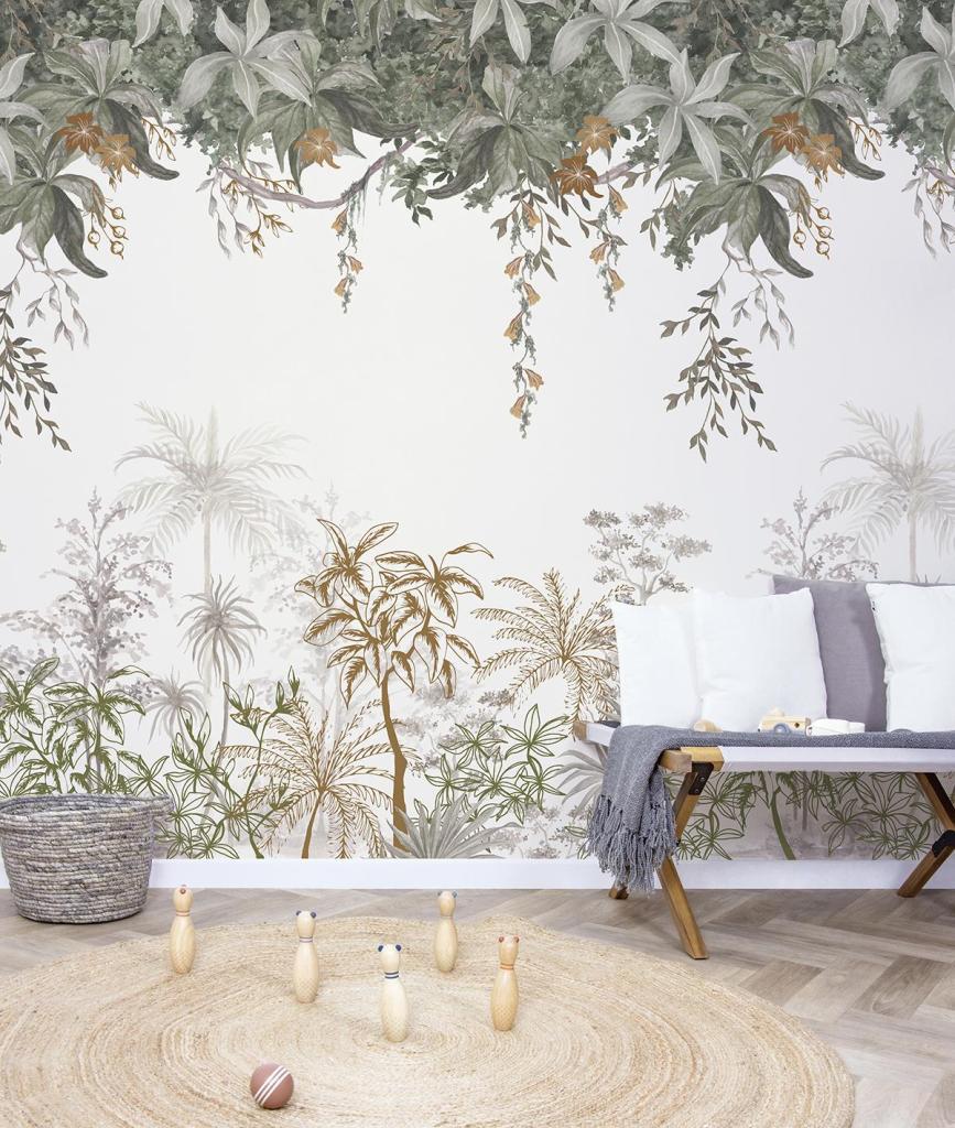 Behangwand met organisch junglethema in zachte groen- en beige tinten, met bladeren en bloemen, perfect voor een veilig,. - 2.48 x 2 M - Utan Jungle Behangwand | Lilipinso - behang, behangpaneel, bloemen, bloemen en bladeren, jungle, kinderkamer, kinderkamer behang, lilipinso, Muursticker, utan - Casa Mini