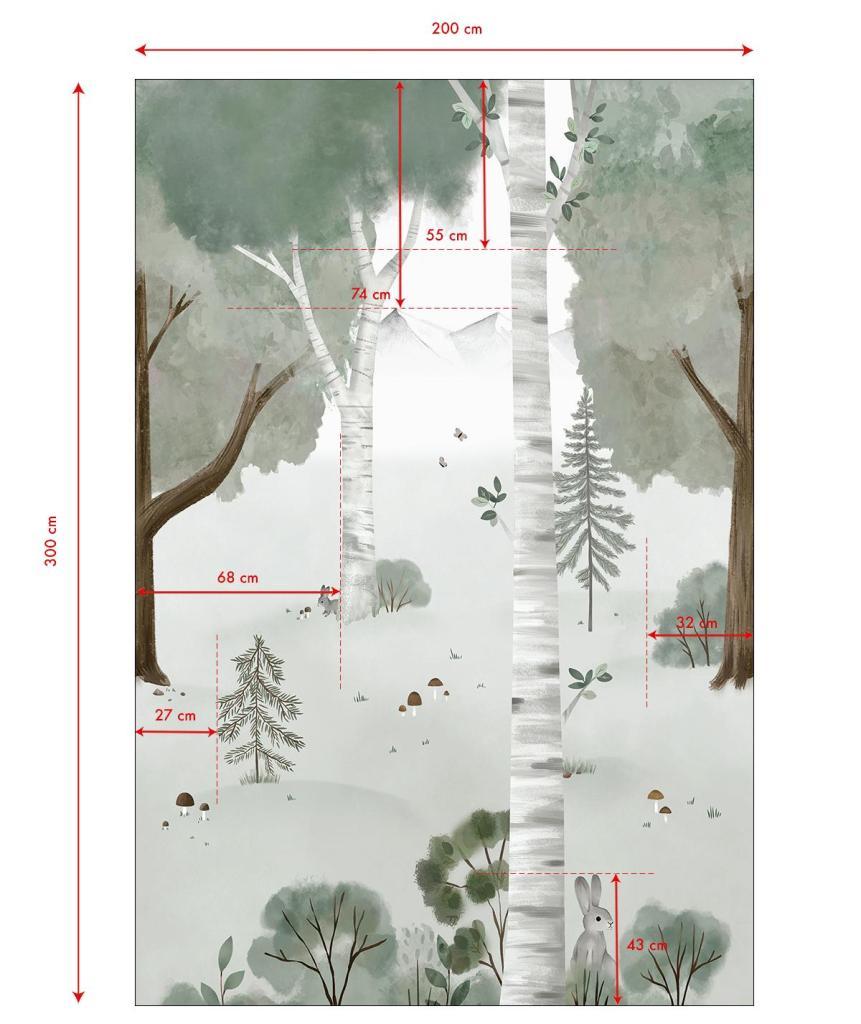 Organisch behangpaneel met zachte groene en grijze tinten, witte berkenbomen en subtiele bloem- en bladranken, veilig en. - 2.48 x 2 M - Kharu Forest Behangwand | Lilipinso - behang, behangpaneel, bloemen, bloemen en bladeren, jungle, kinderkamer, kinderkamer behang, lilipinso, Muursticker, utan - Casa Mini