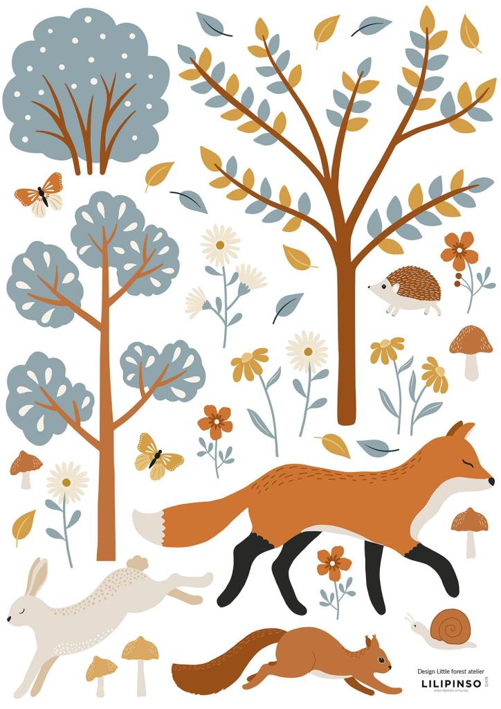 Organische muurstickers met vossen, konijnen, bomen, bloemen en vlinders in zachte blauwtinten en warme oranje kleuren,. - Muursticker | Forest Fox and Animals - Default Title - bloemen, Jöro, kinderkamer, Konijnen, lilipinso, Muursticker, Orang Oetang, utan, vliesbehang, vlinders, Vos, Vossen - Casa Mini
