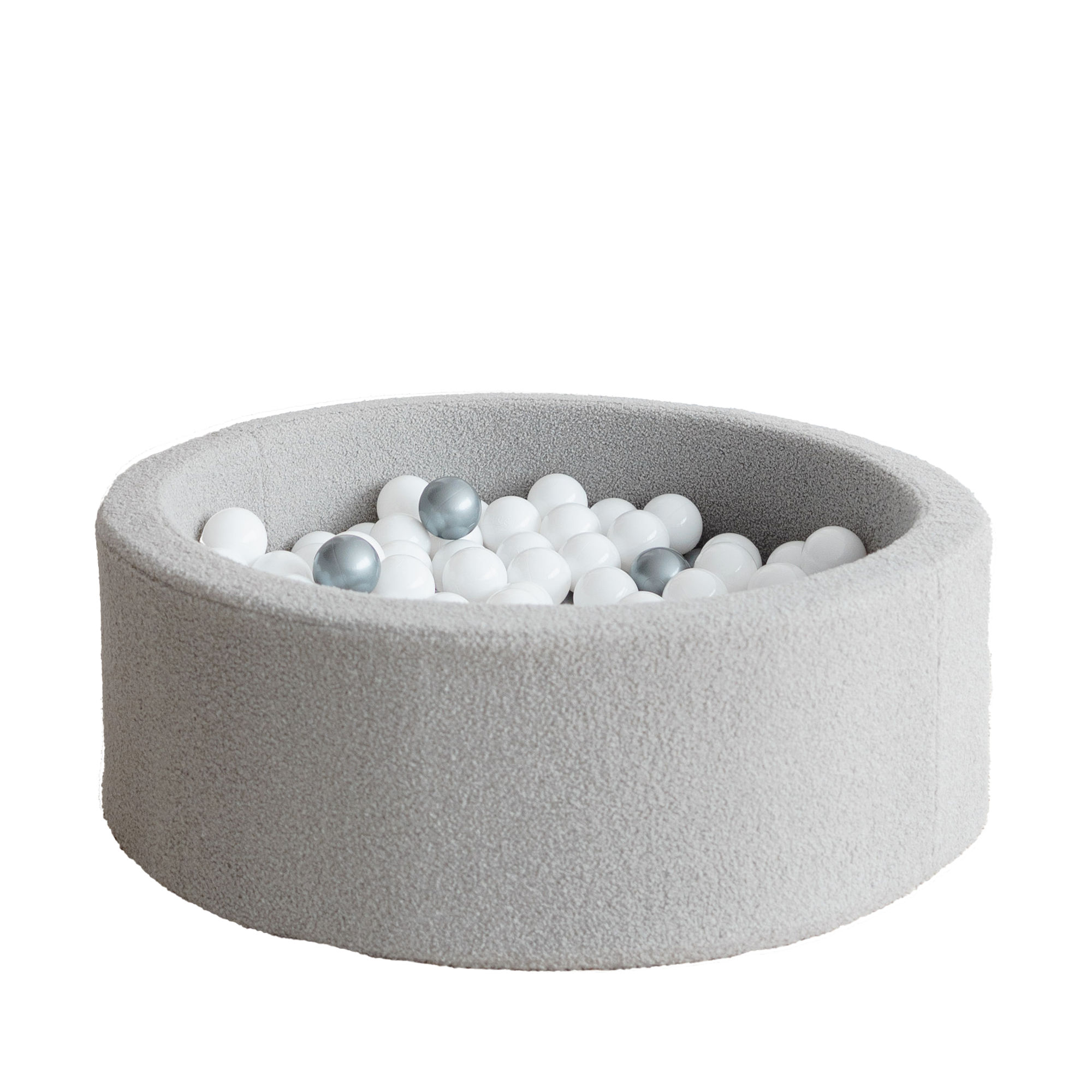 Rond ballenbad in zachte grijze bouclé stof, gevuld met witte en grijze ballen, kindvriendelijk en veilig voor in de. - 90x30 - 90x30, 90x40, afneembaar, Ballenbad, boucle, Grey, Grijs, Polyester, wasbaar - Ballenbad Bouclé Grey - Casa Mini