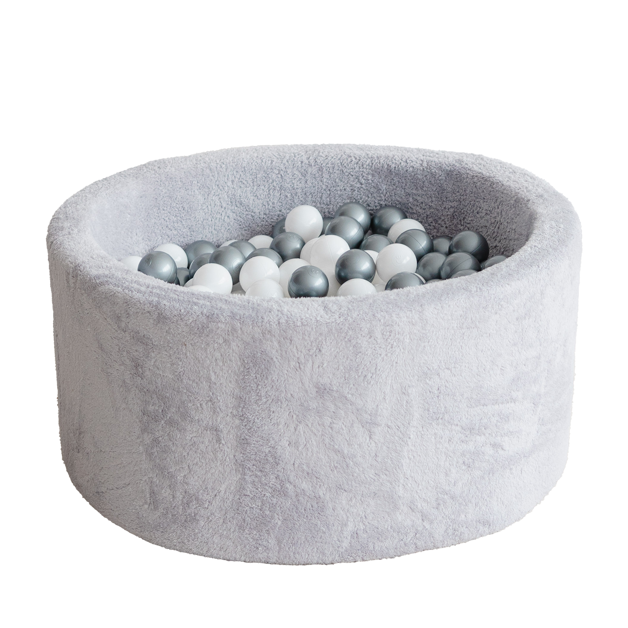 Rond grijs pluchen ballenbad gevuld met witte en grijze ballen, kindvriendelijk en veilig voor de kinderkamer, kwaliteit met . - 90x30 - 90x30, 90x40, afneembaar, Ballenbad, Grey, Grijs, pluche, Polyester, wasbaar - Ballenbad Teddy Grey - Casa Mini
