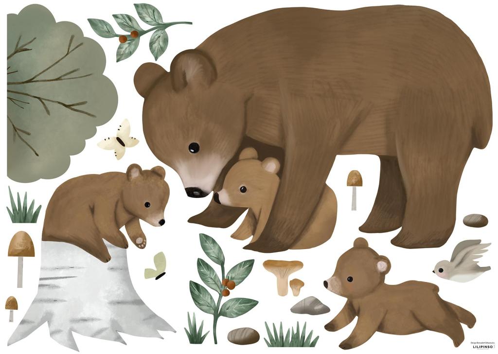 Organische muurstickers met bruine berenfamilie en groene bladeren, geschikt voor een veilig en kindvriendelijk. - Default Title - Muursticker | Kharu Bear Family - beer, beren, bomen, boom, Kharu, kinderkamer, lilipinso, Muursticker, vliesbehang - Casa Mini