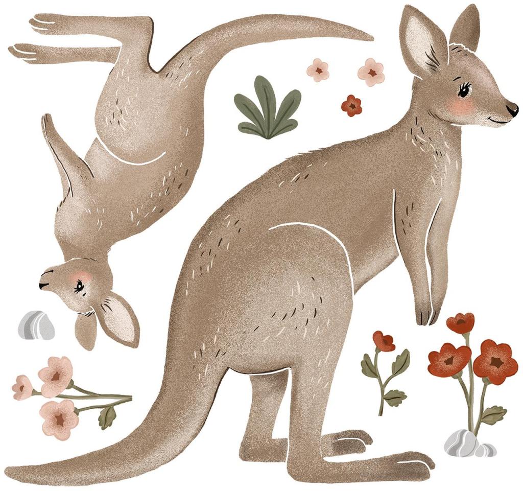 Organische, kindvriendelijke muurstickers met twee zachte bruine kangoeroes en roze bloemen, perfect voor een veilig en. - Default Title - Muursticker | Lilydale Kangaroos XL - bloemen en bladeren, Kangaroe, kinderkamer, lilipinso, Lilydale, Muursticker - Casa Mini