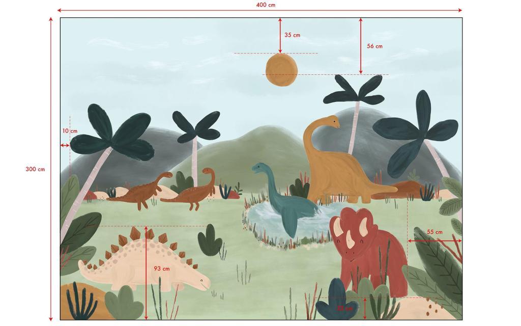 Organisch dinosaurus behangpaneel in zachte aardetinten met kleurrijke dinosaurussen en planten, veilig en kindvriendelijk. - 2.48 M x 4 M - Dinosaurus behangwand | Lilipinso - behang, behangpaneel, dinosaurus, dinosaurussen, kinderkamer, kinderkamer behang, lilipinso, sunny - Casa Mini