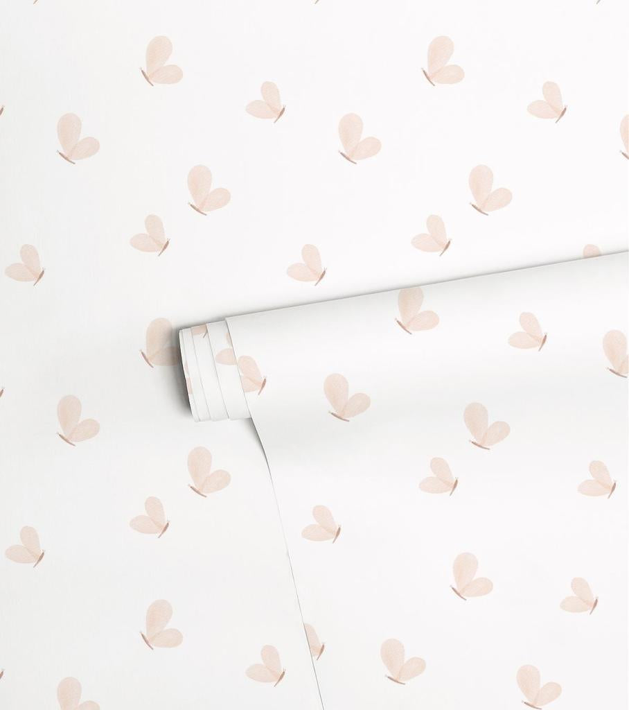 Organisch vliesbehang met zachtroze vlinders op witte achtergrond, veilig en kindvriendelijk voor kinderkamerinterieur. - Default Title - Cherry Cherrie | Lilipinso - behang, cherry cherrie, kinderkamer, kinderkamer behang, lilipinso, vliesbehang, vlinders - Casa Mini