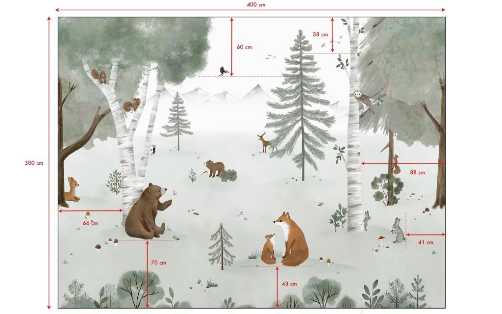 Organisch kinderkamer behangwand met zachtgroene bomen, beren en dinosaurusillustraties, veilig en kindvriendelijk voor. - 2.48 M x 4 M - Kharu Forest behangwand | Lilipinso - behang, behangpaneel, beren, dinosaurus, forest, Kharu, kinderkamer, kinderkamer behang, lilipinso - Casa Mini