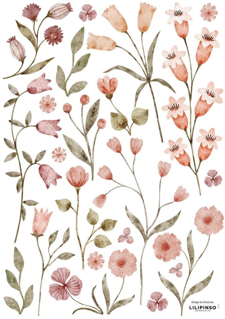 Organische, kindvriendelijke muurstickers met delicate roze bloemen en groene bladeren, multifunctioneel voor kinderkamers. - Muursticker | Pretty Flower Pink - Default Title - bloemen, bloemen en bladeren, Coccinella, kinderkamer, lilipinso, Muursticker, vliesbehang - Casa Mini