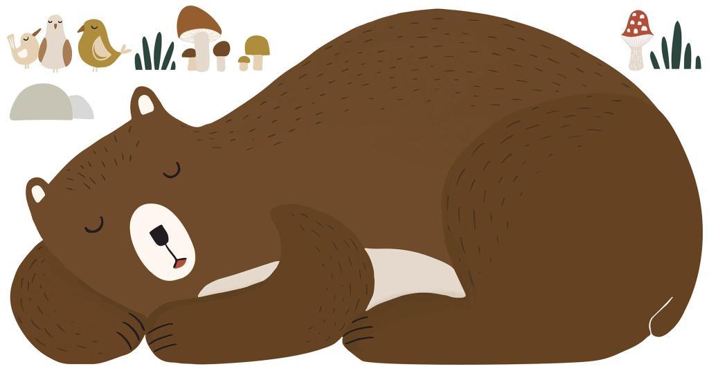 Organische muurstickers met een slapende bruine beer en bosmotieven, veilig en kindvriendelijk voor kinderinterieur en. - Default Title - Muursticker | Forest Bear XL - Bear, beer, forest, forest happiness, kinderkamer, lilipinso, Muursticker - Casa Mini