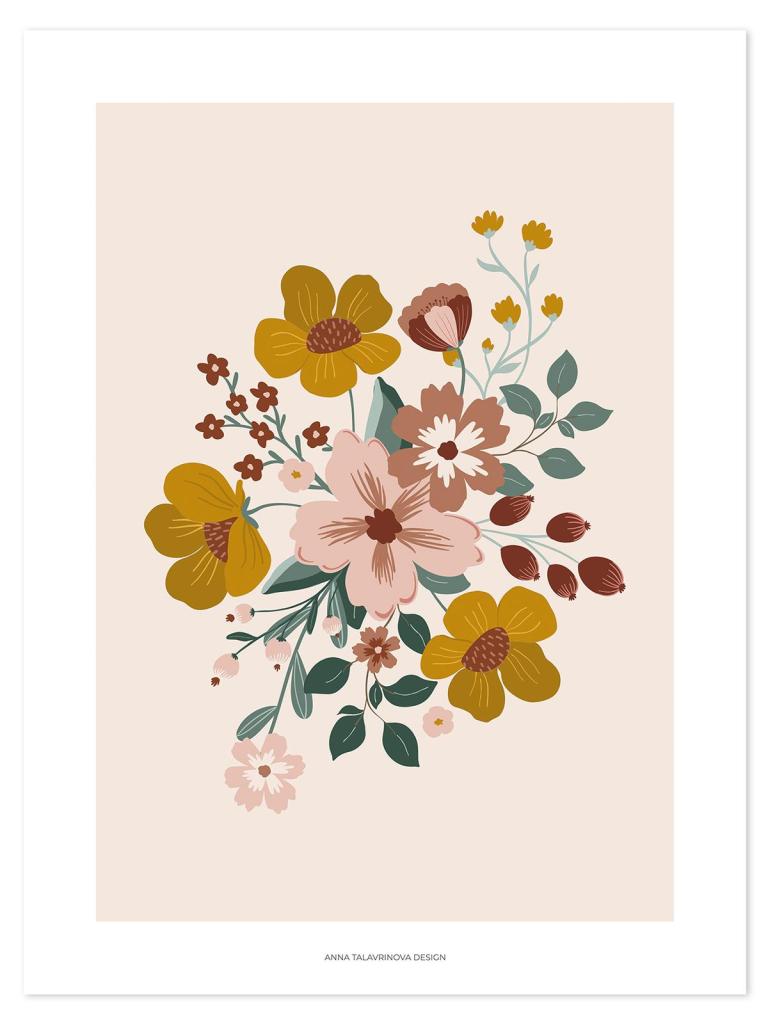 Poster met organisch bloemenboeket in zachte okergele, roze en groene tinten, kindvriendelijk en multifunctioneel voor in de . - Poster Capucine | Lilipinso - Default Title - bloemen, bloemen en bladeren, Capucine, kinderkamer, lilipinso - Casa Mini