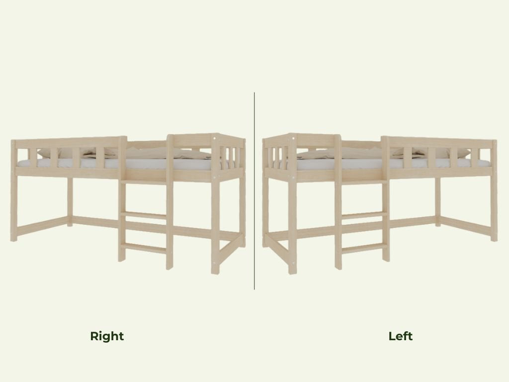Scandinavisch design halfhoogslaper van licht, onbehandeld hout met brede spijlen en stevige poten, kindvriendelijk en. - Halfhoogslaper 90 x 200 cm - Naturel (ongelakt) / Links - 90x200, halfhoogslaper, kinderbed, peuterbed, scandinavisch design - Casa Mini