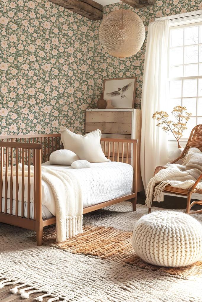 Kinderkamer met organisch en veilig donker groen vliesbehang met bloemen en bladeren, houten kindvriendelijk bed en. - Default Title - Éléonore Flowers donker groen | Lilipinso - behang, bloemen, bloemen en bladeren, kinderkamer, kinderkamer behang, klaprozen, lilipinso, vliesbehang, Éléonore - Casa Mini