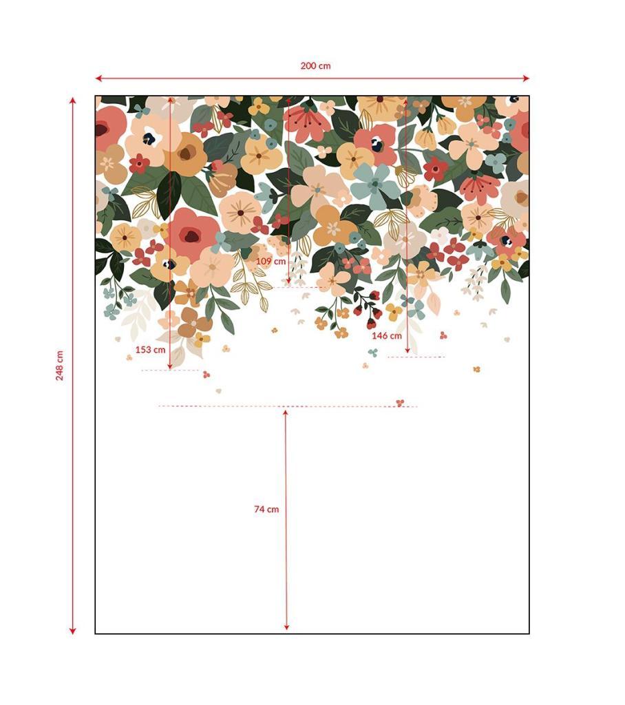 Behangwand met organisch bloemmotief in zachte oranje, groen en beige tinten, ideaal voor kinderkamer en veilig. - 2.48 x 2 M - Bloem Behangwand | Lilipinso - behang, behangpaneel, bloem, bloemen, bloemen en bladeren, kinderkamer, kinderkamer behang, lilipinso - Casa Mini