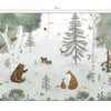Behangwand met organisch bosthema in zachte groentinten, met kindvriendelijke beren en dinosaurussen voor een veilig. - 2.48 M x 4 M - Kharu Forest behangwand | Lilipinso - behang, behangpaneel, beren, dinosaurus, forest, Kharu, kinderkamer, kinderkamer behang, lilipinso - Casa Mini