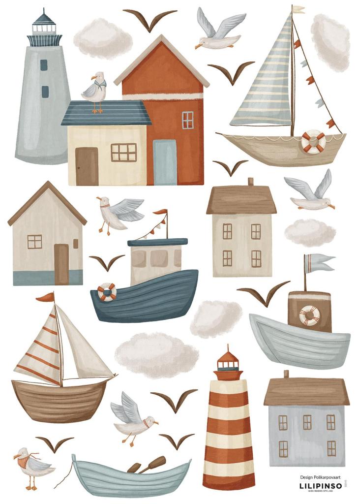 Organische en kindvriendelijke muurstickers met sfeervolle onderwater wereld thema in zachte kleuren, geschikt voor. - Muursticker | Seaside Village - Default Title - kinderkamer, lilipinso, lotan, Muursticker, octopus, onderwater, onderwater wereld, schildpad, Zeebootjes - Casa Mini