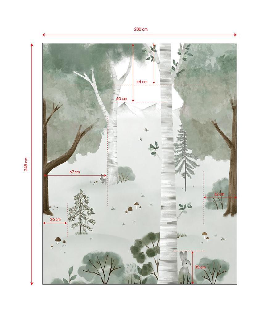 Organisch behangpaneel met zachte groene en witte tinten, boslandschap met bomen, bladeren en dieren, veilig en. - 2.48 x 2 M - Kharu Forest Behangwand | Lilipinso - behang, behangpaneel, bloemen, bloemen en bladeren, jungle, kinderkamer, kinderkamer behang, lilipinso, Muursticker, utan - Casa Mini