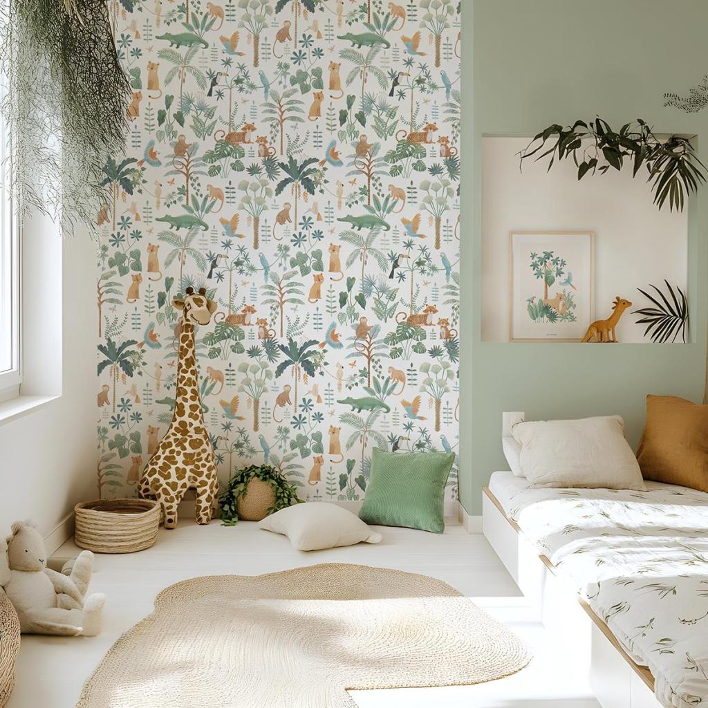 Organisch kindvriendelijk jungle behang met palmbomen en dieren in zachte groen- en bruintinten, ideaal voor een veilige. - Default Title - Yatsuni Wild | Lilipinso - behang, jungle, kinderkamer, kinderkamer behang, lilipinso, palm, vliesbehang, Yatsuni - Casa Mini