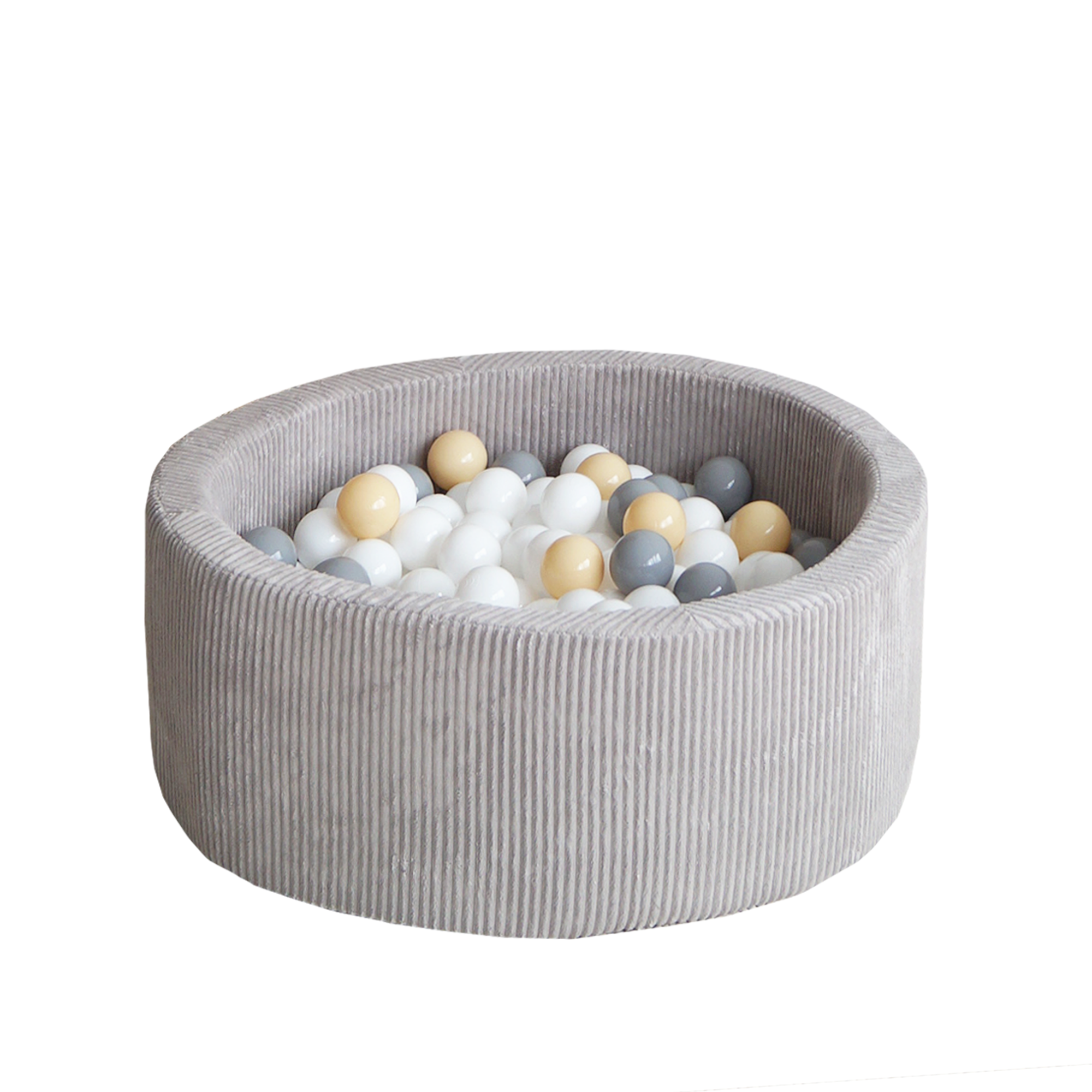 Rond ballenbad van ribfluweel in zachte grijstinten met kindvriendelijke, veilige ballen in wit, beige en grijs, ideaal voor . - 90x30 - 90x30, 90x40, afneembaar, Ballenbad, Fluweel, Grey, Grijs, Polyester, Rib velvet, wasbaar - Ballenbad Rib Velvet Grey - Casa Mini