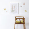 Wandsticker set met kleurrijke vlinders en lieveheersbeestjes rond een wit kader met botanische print, geplaatst boven een. - Muursticker | Wild Butterflies and Insects - Default Title - bloemen, Coccinella, Insecten, kinderkamer, lilipinso, Muursticker, vliesbehang, vlinders - Casa Mini
