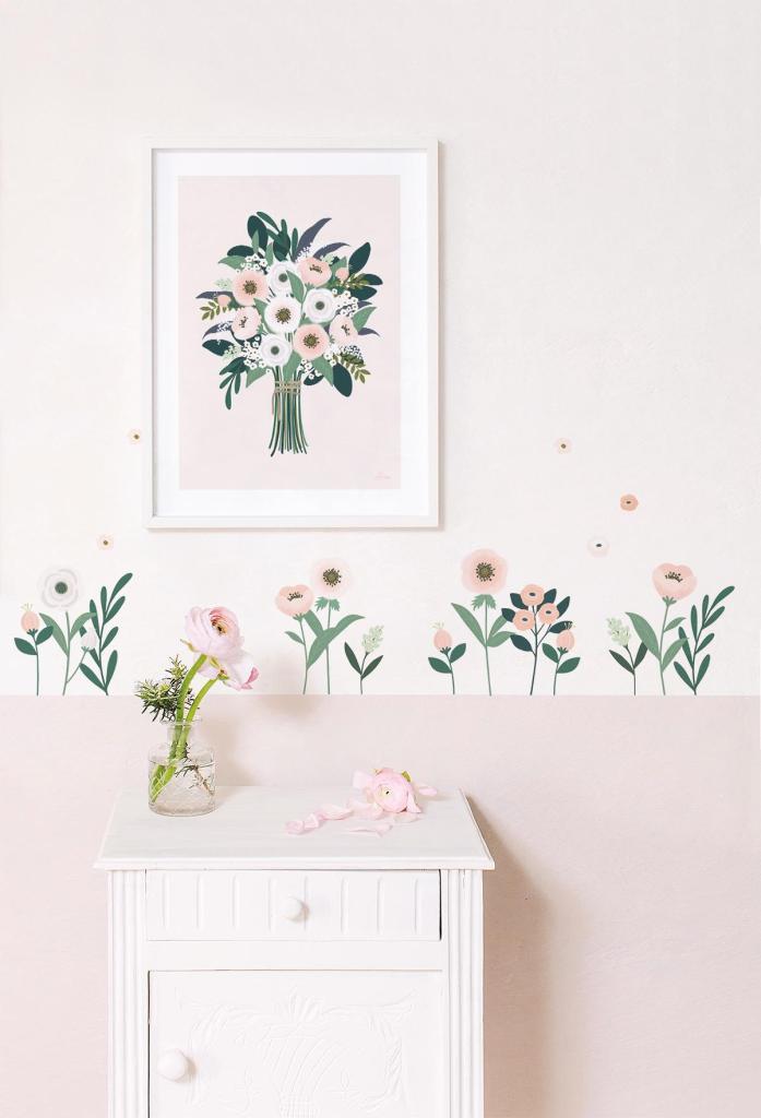 Organische, kindvriendelijke muursticker met zachte roze en groene bloemen en bladeren, multifunctioneel voor de. - Muursticker | Flowers & Leaves - Default Title - bloemen, bloemen en bladeren, kinderkamer, lilipinso, Muursticker, vliesbehang, wonderland - Casa Mini