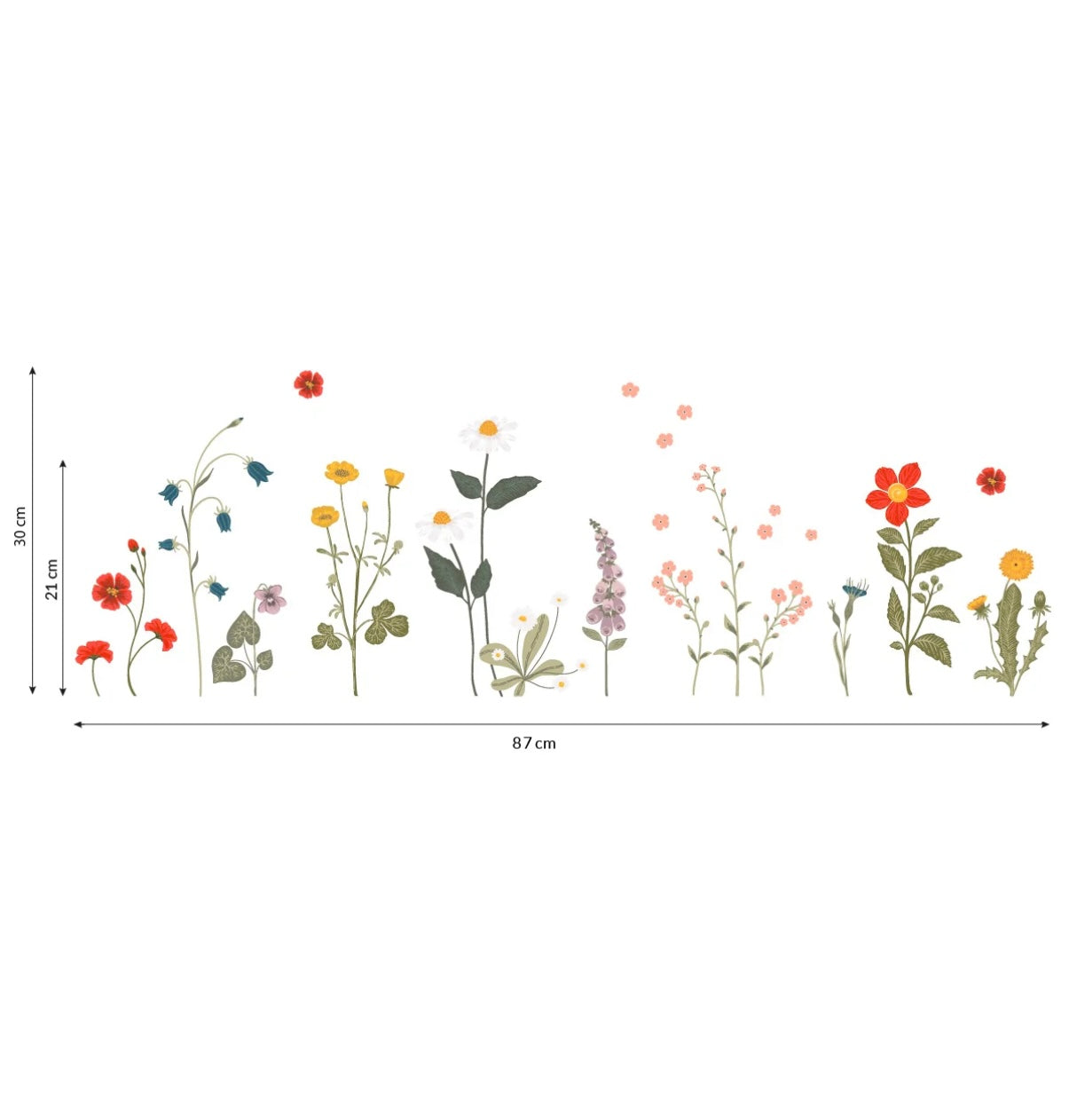 Kleurrijke muurstickers met diverse wilde bloemen in rood, geel, roze en groen, organisch gevormde bladeren, kindvriendelijk - Muursticker | Wildflowers - Default Title - bloemen, bloemen en bladeren, kinderkamer, lilipinso, Muursticker, vliesbehang - Casa Mini