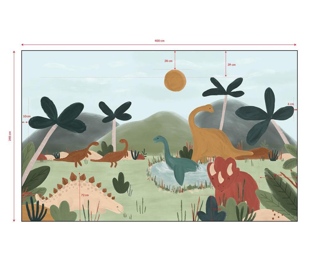 Behangwand met organische, zachte kleuren en speelse dinosaurusfiguren, ideaal voor een veilig en kindvriendelijk. - 2.48 M x 4 M - Dinosaurus behangwand | Lilipinso - behang, behangpaneel, dinosaurus, dinosaurussen, kinderkamer, kinderkamer behang, lilipinso, sunny - Casa Mini