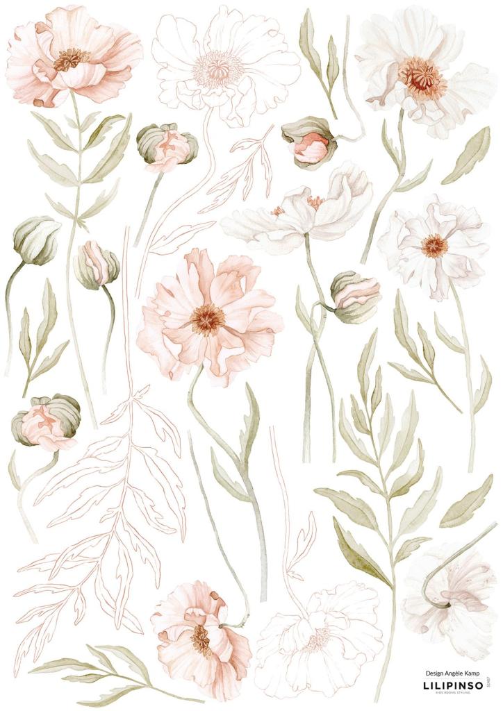 Organische, kindvriendelijke muurstickers met zachtroze en beige IJslandse klaprozen en lichtgroene bladeren, ideaal voor. - Muursticker | Poppy L/XL - Large - Islandic poppies, kinderkamer, klaproos, lilipinso, Muursticker, vliesbehang - Casa Mini