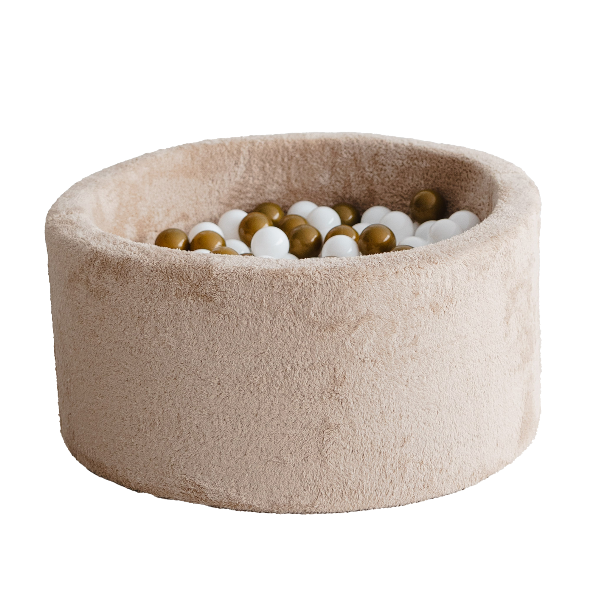 Beige pluche ballenbad met witte en gouden ballen, ideaal voor een veilige, kindvriendelijke kinderkamer met lange. - 90x30 - 90x30, 90x40, afneembaar, Ballenbad, beige, pluche, Polyester, wasbaar - Ballenbad Teddy Beige - Casa Mini