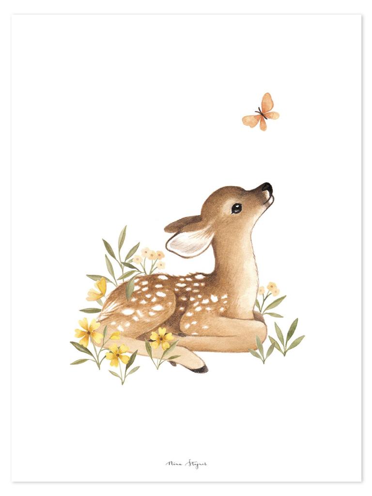 Organische poster met een schattig bruin hert met witte stippen, omgeven door zachte groene en gele planten, ideaal voor een . - Poster Bambi | Lilipinso - Default Title - bambi, hert, kinderkamer, lilipinso, oh deer - Casa Mini