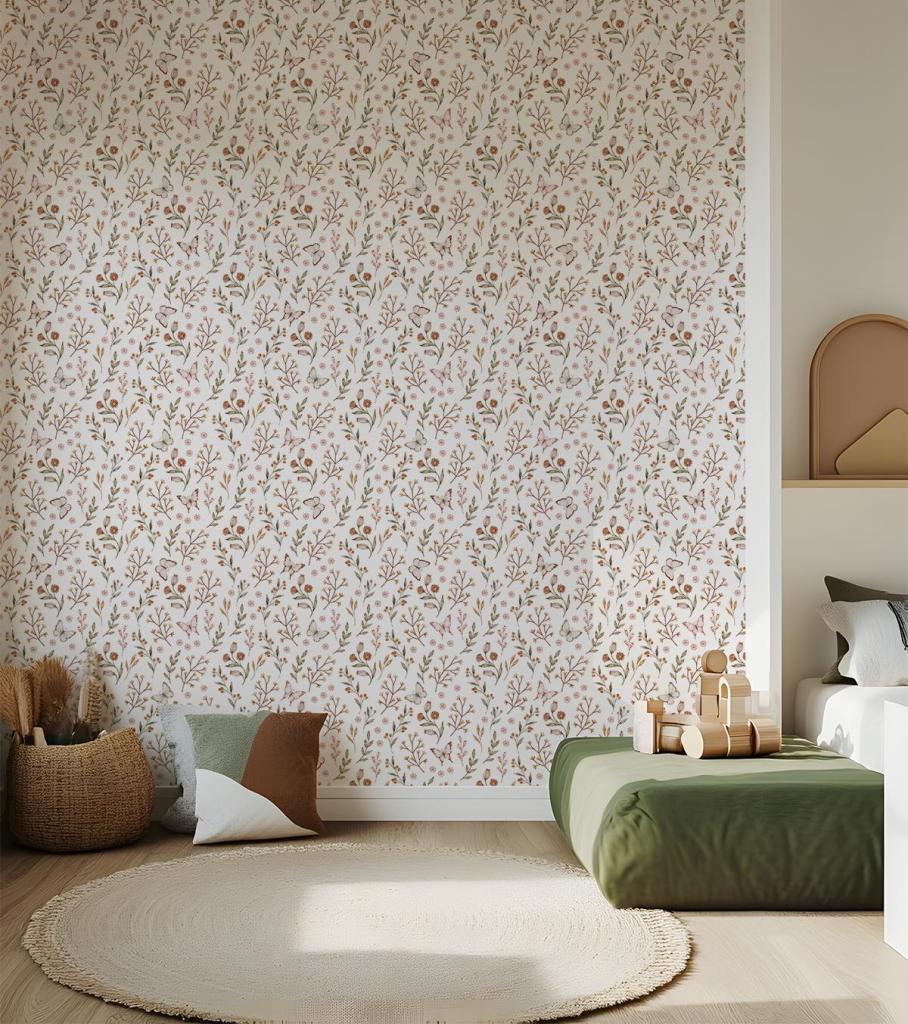 Organisch vliesbehang met zachte pastelkleuren, bloemen en vlinders, kindvriendelijk voor een veilige kinderkamer met. - Default Title - Coccinella Butterflies | Lilipinso - behang, bloemen, bloemen en bladeren, Coccinella, kinderkamer, kinderkamer behang, lilipinso, vliesbehang, vlinder, vlinders - Casa Mini