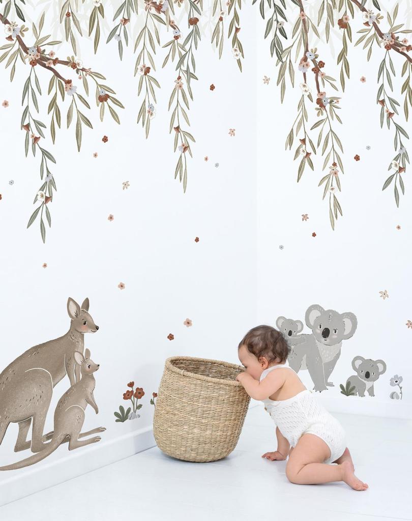 Organische muurstickers met kangaroes en koala's in zachte natuurtinten, kindvriendelijk voor kinderkamer en kinderinterieur. - Default Title - Muursticker | Lilydale Kangaroos XL - bloemen en bladeren, Kangaroe, kinderkamer, lilipinso, Lilydale, Muursticker - Casa Mini