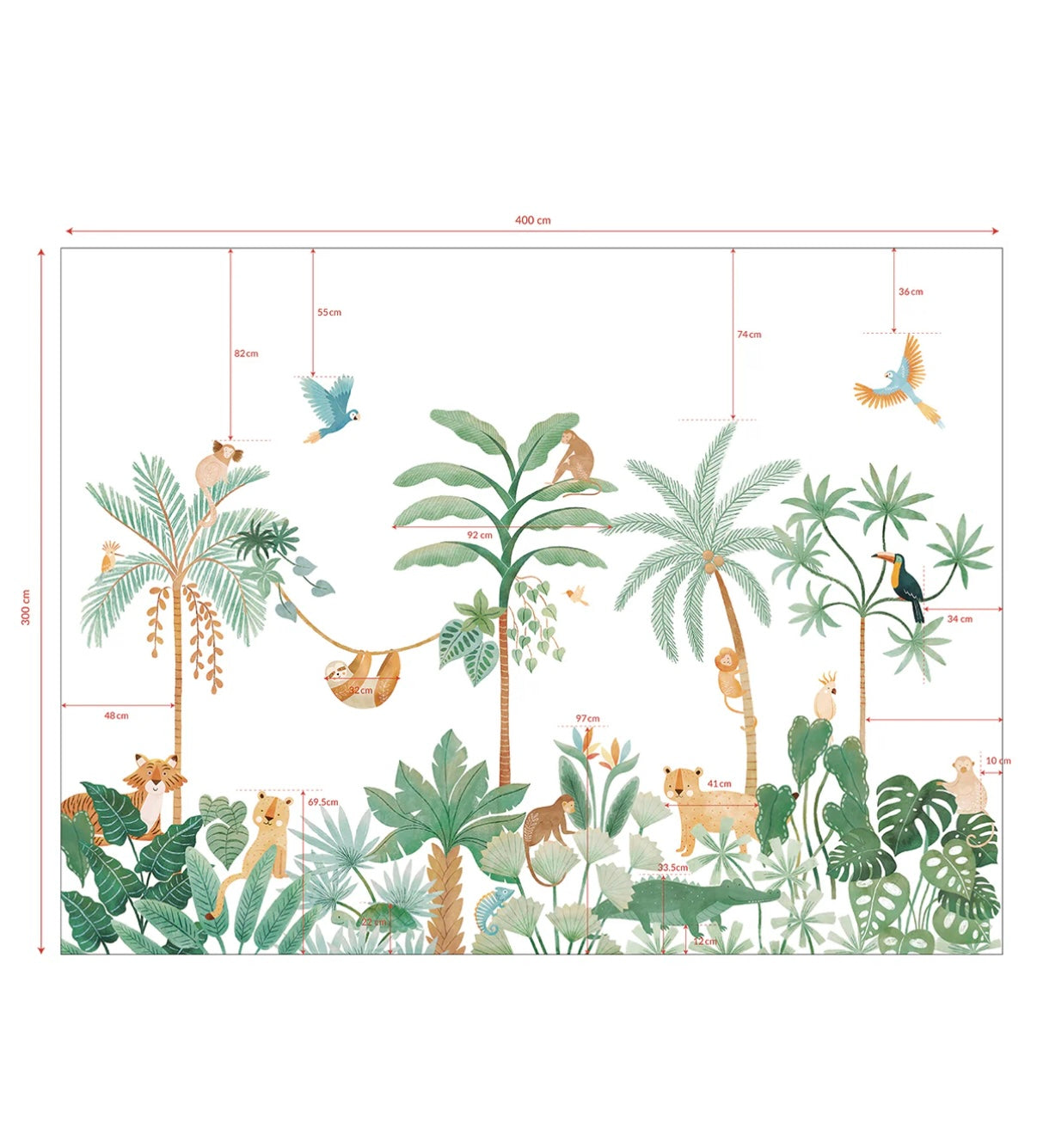 Organisch junglebehang met groene bladeren, apen en vogels, ideaal kindvriendelijk kinderkamerinterieur. - 2.48 M x 4 M - Jungle behangwand | Lilipinso - apen, behang, behangpaneel, jungle, kinderkamer, kinderkamer behang, lilipinso, Yatsuni - Casa Mini