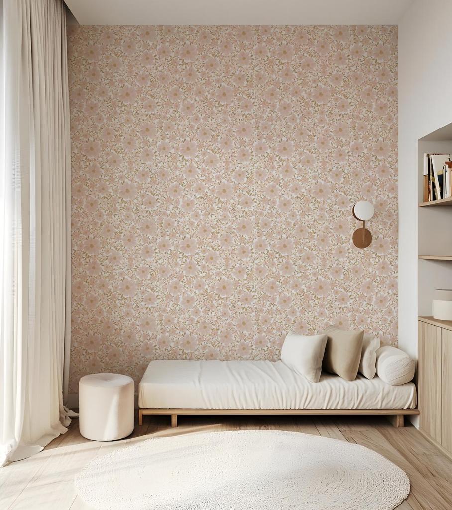 Organisch behang met subtiel bloemmotief in zachte beige en bruine tinten, veilig en kindvriendelijk voor. - Default Title - Éléonore Flowers blanco | Lilipinso - behang, kinderkamer, kinderkamer behang, klaproos, lilipinso, vliesbehang - Casa Mini