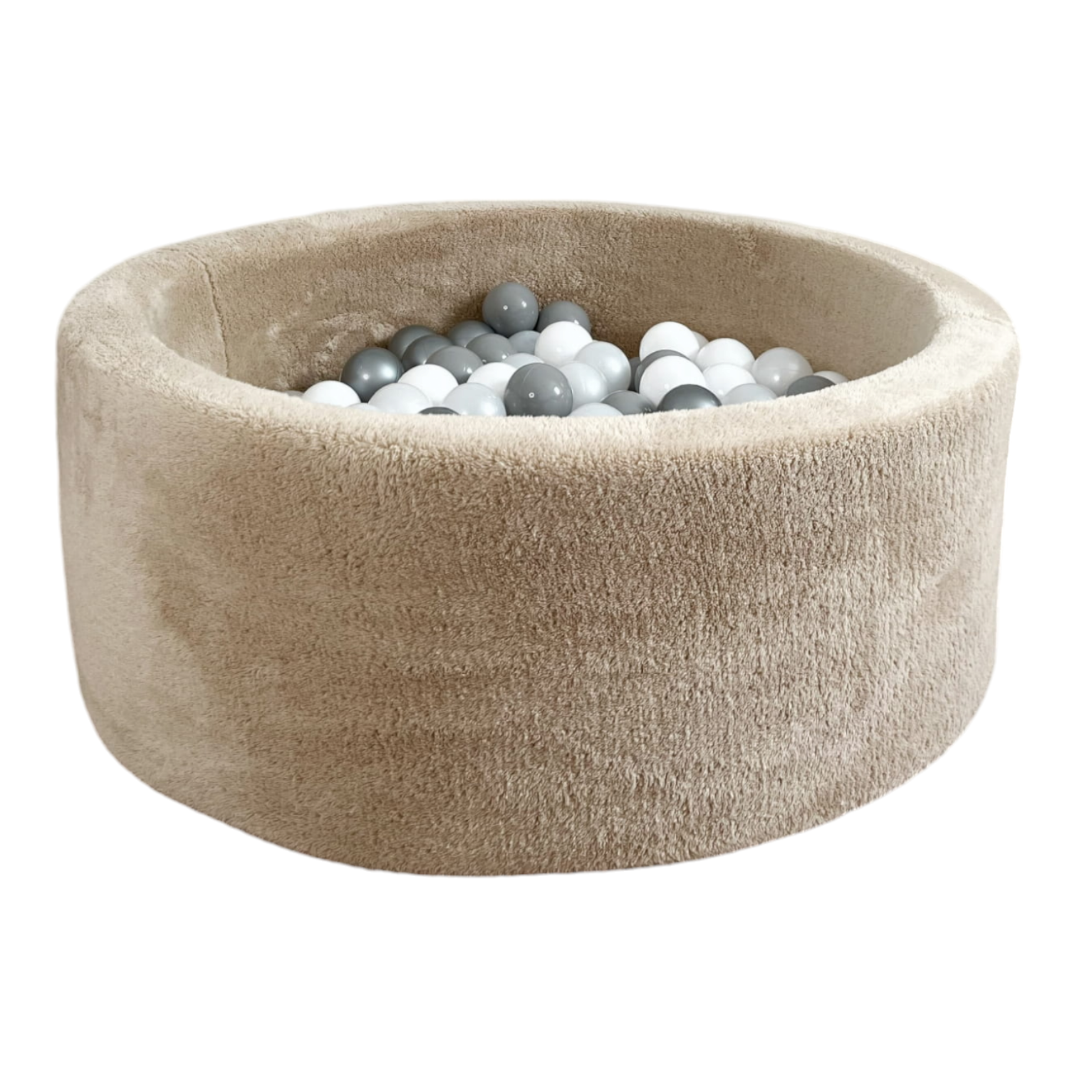 Beige pluche ballenbad met zachte randen gevuld met witte, grijze en beige ballen, kindvriendelijk en veilig voor de. - 90x30 - 90x30, 90x40, afneembaar, Ballenbad, beige, pluche, Polyester, wasbaar - Ballenbad Teddy Beige - Casa Mini