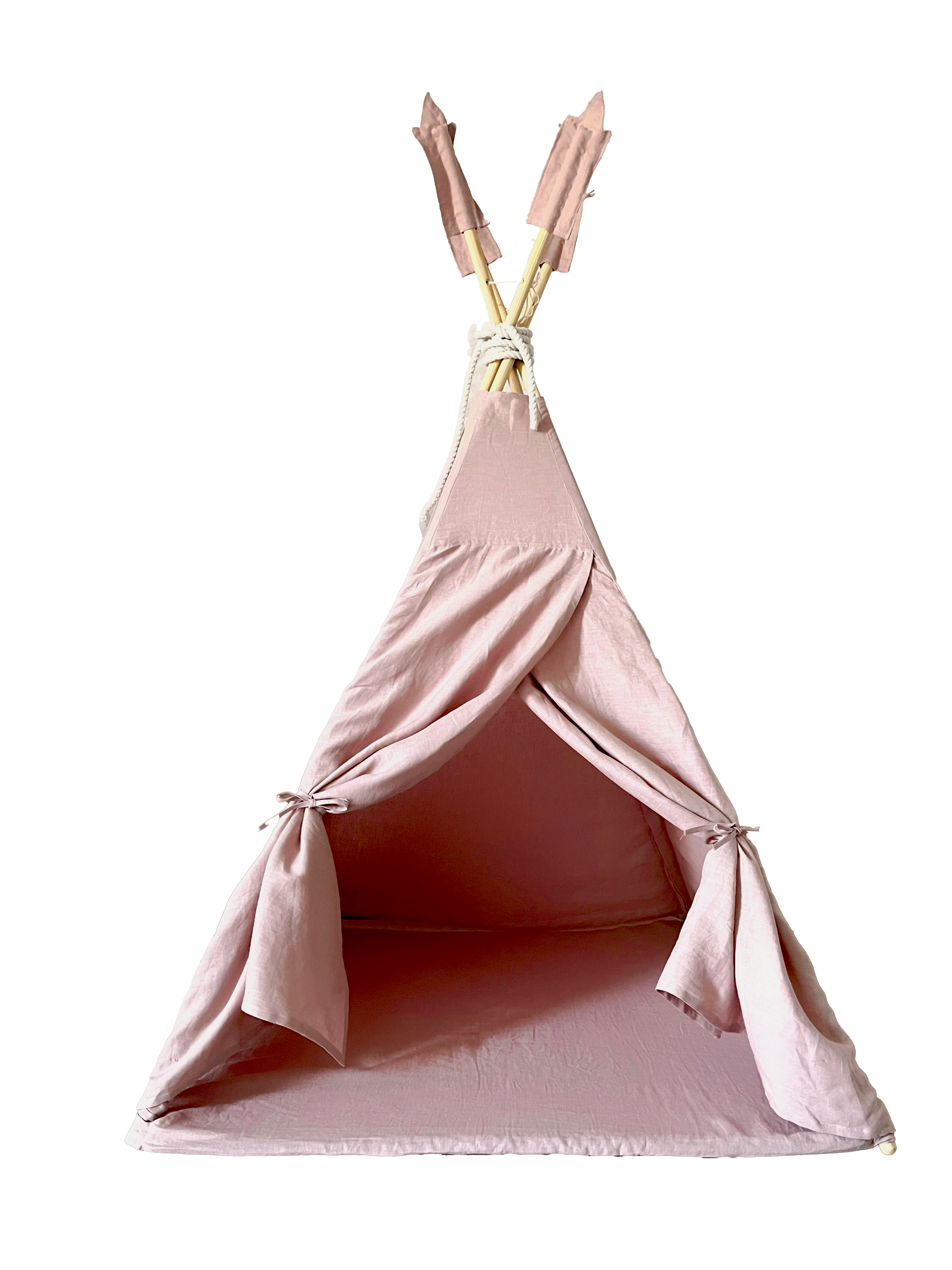 Roze linnen tipi tent met natuurlijke houten palen, kindvriendelijk en veilig voor de kinderkamer, duurzame kwaliteit en. - Default Title - Naturel, pink, Tipitent, wasbaar - Tipi Tent Linnen Pink - Casa Mini