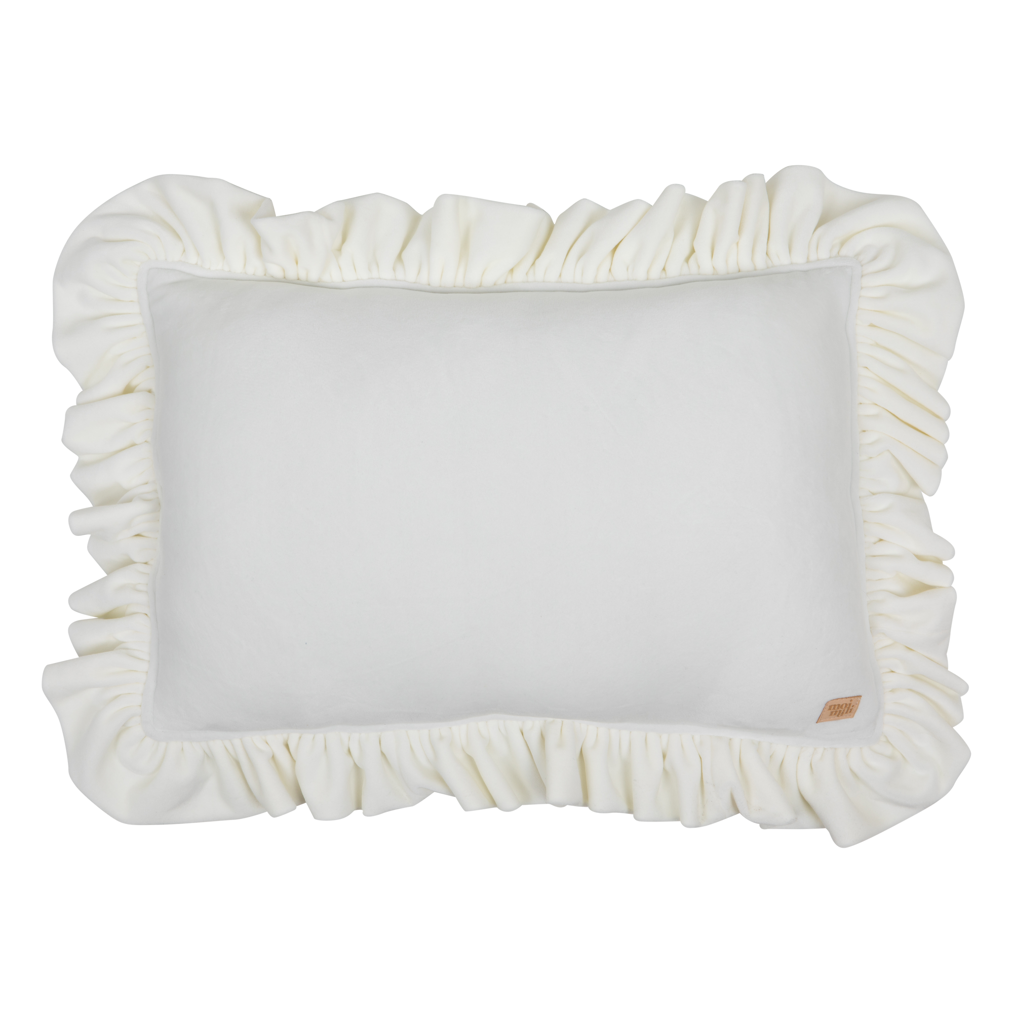 Wit fluwelen sierkussen met volumineuze volants, zacht en kindvriendelijk voor een organisch en veilig kinderkamerinterieur. - Wit - Fluwelen sierkussen met volants - Kussen, Moimili, Sierkussen, Soft collection, Velvet, Volants - Casa Mini