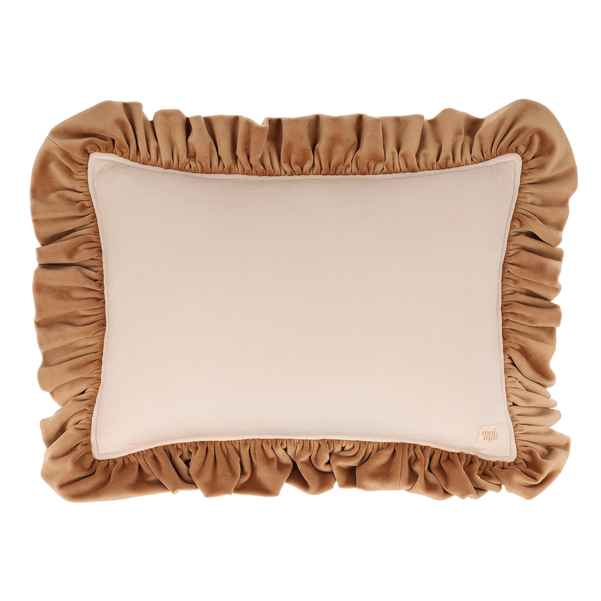 Fluwelen sierkussen in licht beige met warme abrikooskleurige volants, organisch en kindvriendelijk ontwerp voor veilige. - Wit - Fluwelen sierkussen met volants - Kussen, Moimili, Sierkussen, Soft collection, Velvet, Volants - Casa Mini
