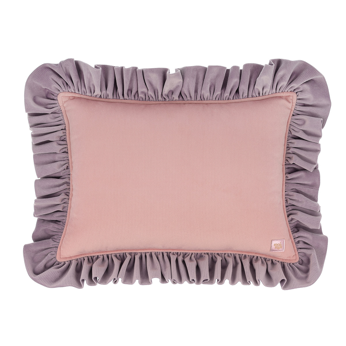 Fluwelen sierkussen in lichtroze met lila volants, organisch en veilig, ideaal voor kinderkamer en kindvriendelijk interieur. - Wit - Fluwelen sierkussen met volants - Kussen, Moimili, Sierkussen, Soft collection, Velvet, Volants - Casa Mini