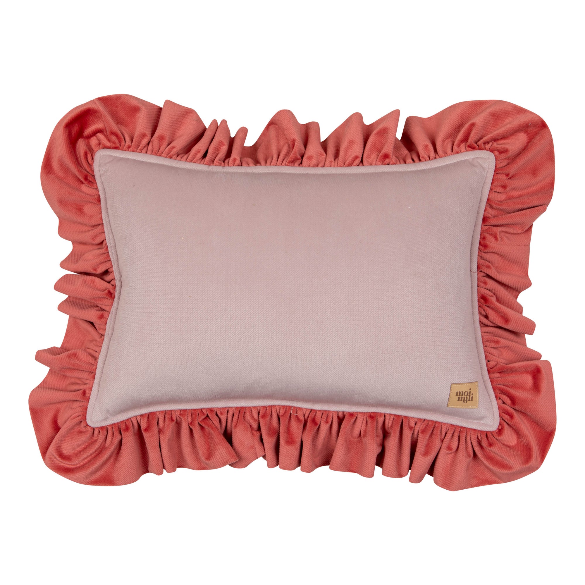 Fluwelen sierkussen in lichtroze met roze volants, zacht en organisch, perfect voor kinderkamer en kindvriendelijk. - Wit - Fluwelen sierkussen met volants - Kussen, Moimili, Sierkussen, Soft collection, Velvet, Volants - Casa Mini